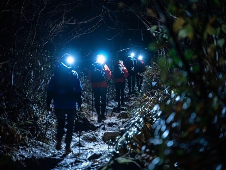 A group of hikers trekking a rocky path at night, illuminated by headlamps.